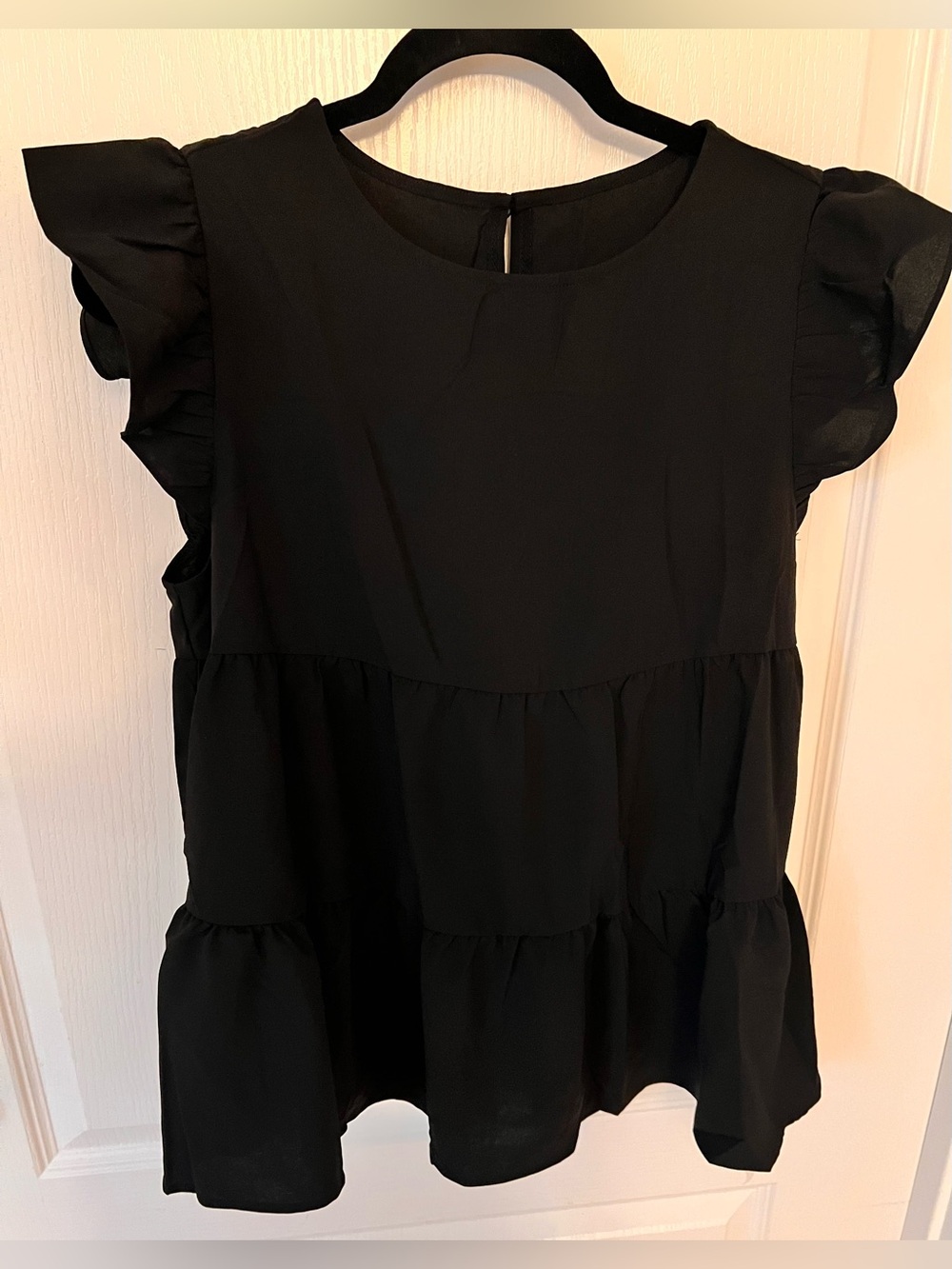Women's Black Tiered Flutter Sleeve Blouse